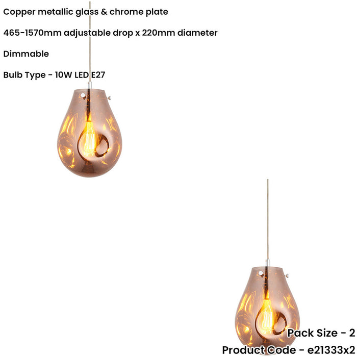 2 PACK Hanging Ceiling Pendant Light - Copper Metallic Glass & Chrome Plate - 10W LED E27