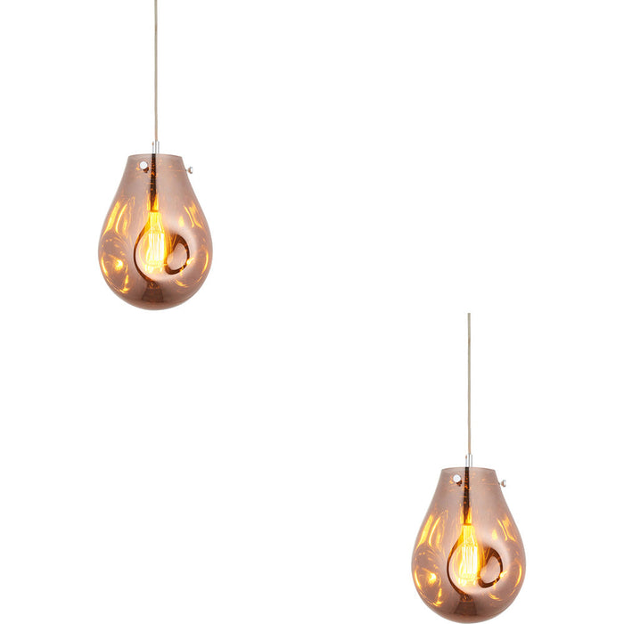 2 PACK Hanging Ceiling Pendant Light - Copper Metallic Glass & Chrome Plate - 10W LED E27