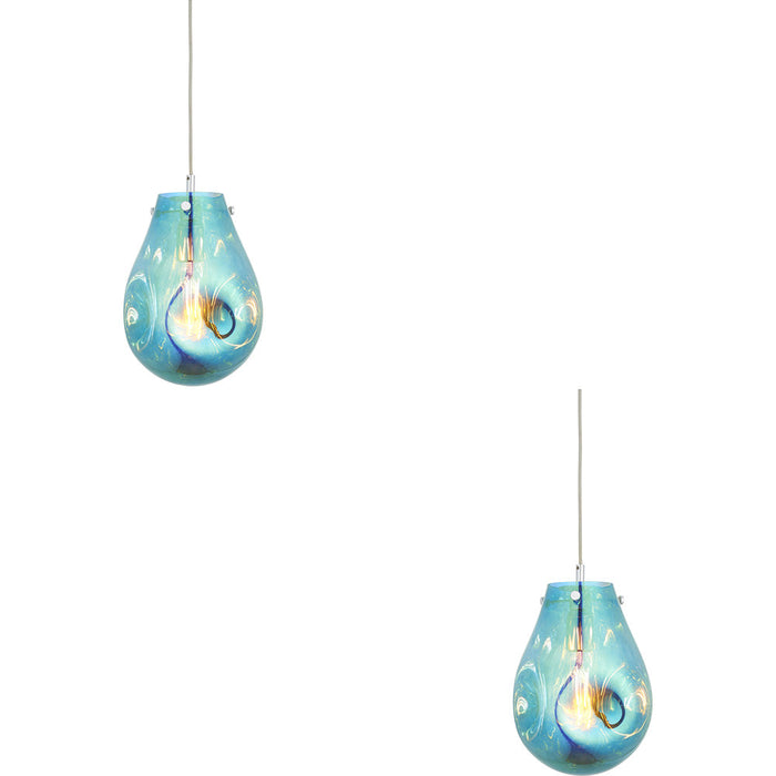 2 PACK Hanging Ceiling Pendant Light - Petrol Blue Metallic Glass & Chrome Plate - 10W LED E27