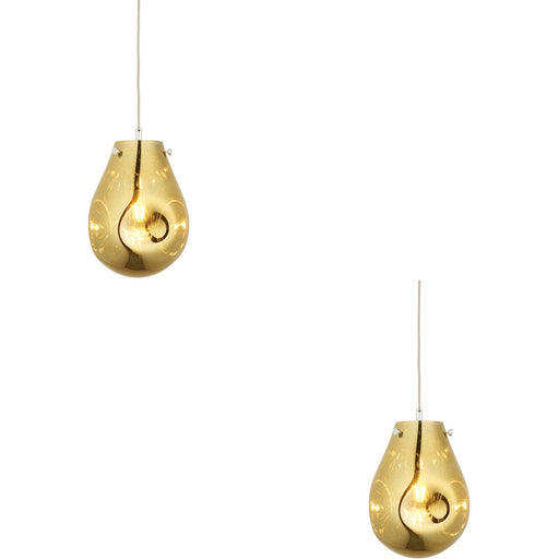 2 PACK Hanging Ceiling Pendant Light - Gold Metallic Glass & Chrome Plate - 10W LED E27