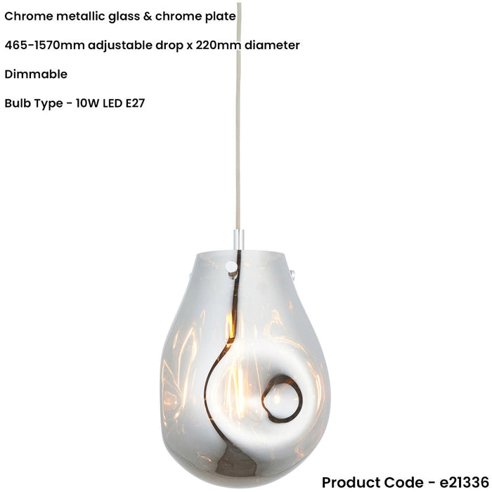 Hanging Ceiling Pendant Light - Chrome Metallic Glass & Chrome Plate - 10W LED E27