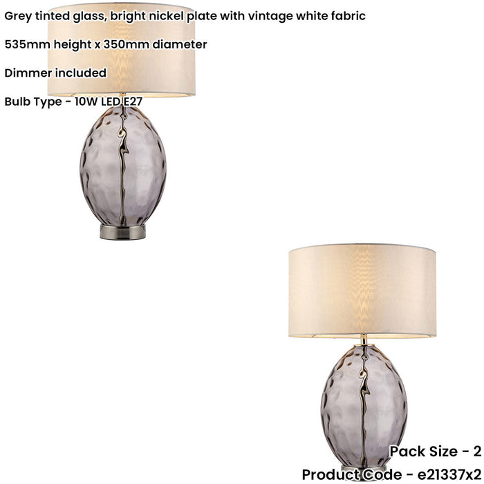 2 PACK Grey Tinted Glass Table Lamp - Vintage White Fabric Shade - Dimmable 10W LED E27