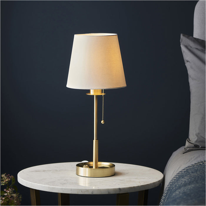 Satin Brass Plate Table Lamp - Vintage White Fabric Shade - 10W LED E27