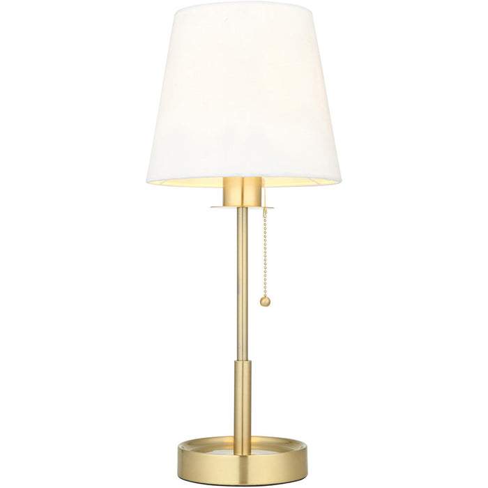 Satin Brass Plate Table Lamp - Vintage White Fabric Shade - 10W LED E27