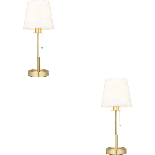 2 PACK Satin Brass Plate Table Lamp - Vintage White Fabric Shade - 10W LED E27