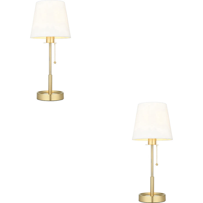 2 PACK Satin Brass Plate Table Lamp - Vintage White Fabric Shade - 10W LED E27