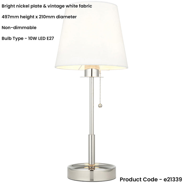 Bright Nickel Plate Table Lamp - Vintage White Fabric Shade - 10W LED E27