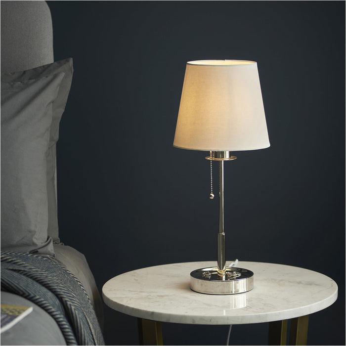 Bright Nickel Plate Table Lamp - Vintage White Fabric Shade - 10W LED E27