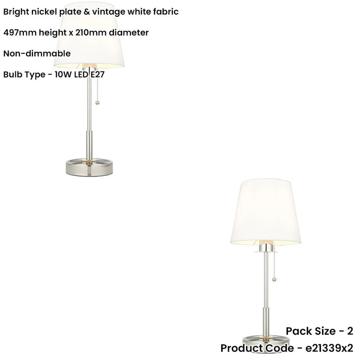 2 PACK Bright Nickel Plate Table Lamp - Vintage White Fabric Shade - 10W LED E27