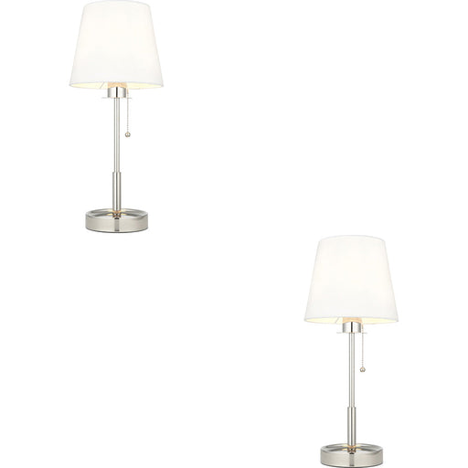 2 PACK Bright Nickel Plate Table Lamp - Vintage White Fabric Shade - 10W LED E27