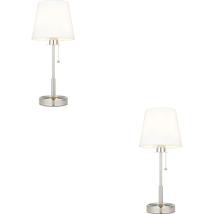 2 PACK Bright Nickel Plate Table Lamp - Vintage White Fabric Shade - 10W LED E27