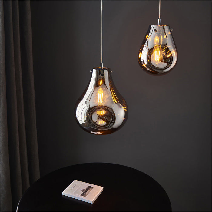 Hanging Ceiling Pendant Light - Large Chrome Metallic Glass & Chrome Plate - 10W LED E27