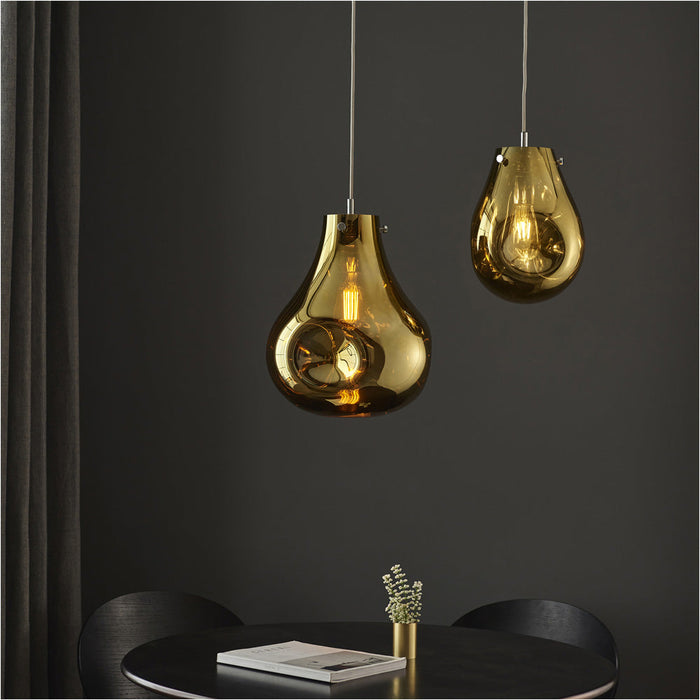 2 PACK Hanging Ceiling Pendant Light - Large Gold Metallic Glass & Chrome Plate - 10W LED E27