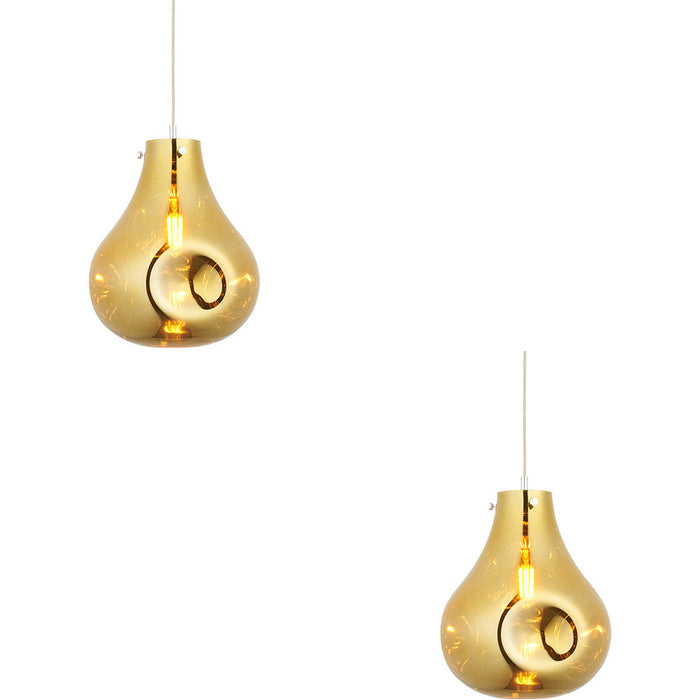 2 PACK Hanging Ceiling Pendant Light - Large Gold Metallic Glass & Chrome Plate - 10W LED E27