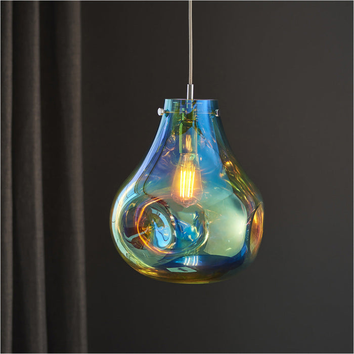 Hanging Ceiling Pendant Light - Large Petrol Blue Metallic Glass & Chrome Plate - 10W LED E27