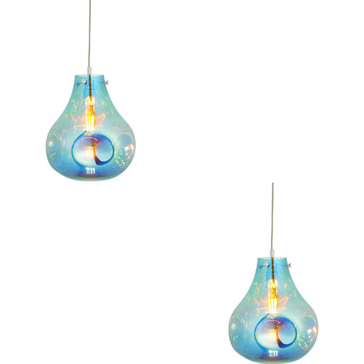 2 PACK Hanging Ceiling Pendant Light - Large Petrol Blue Metallic Glass & Chrome Plate - 10W LED E27