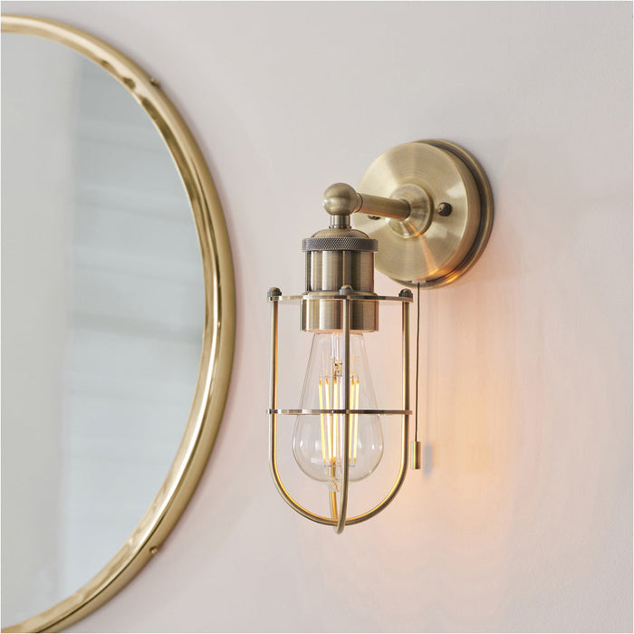 2 PACK IP44 Bathroom Wall Light - Antique Brass Caged Lamp - Industrial Style Toggle Switch