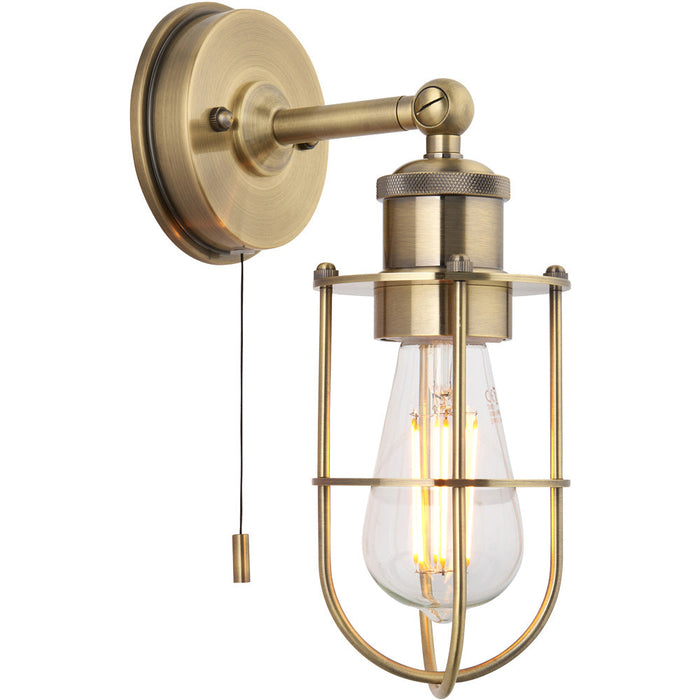 IP44 Bathroom Wall Light - Antique Brass Caged Lamp - Industrial Style Toggle Switch