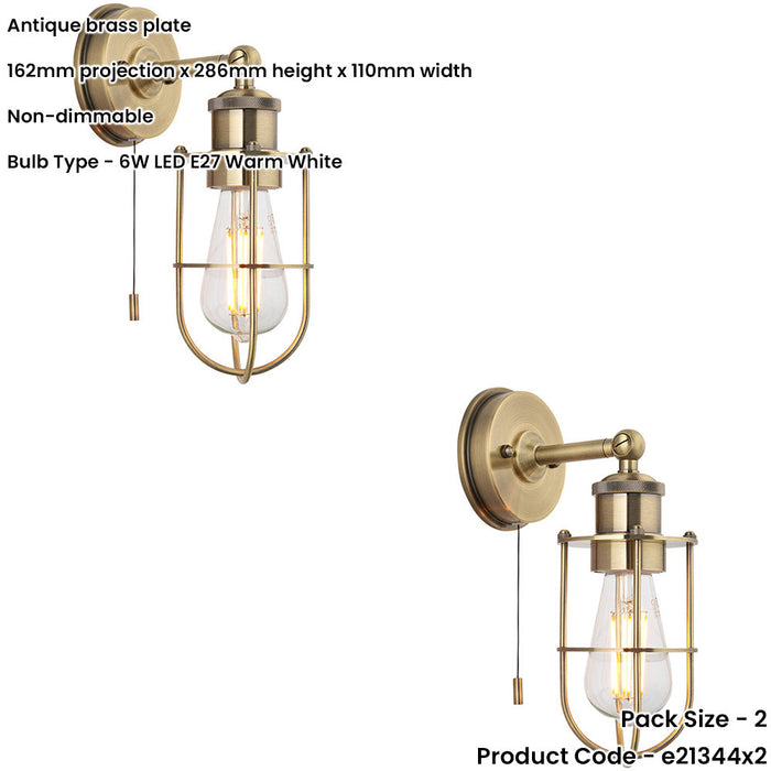 2 PACK IP44 Bathroom Wall Light - Antique Brass Caged Lamp - Industrial Style Toggle Switch