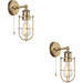 2 PACK IP44 Bathroom Wall Light - Antique Brass Caged Lamp - Industrial Style Toggle Switch