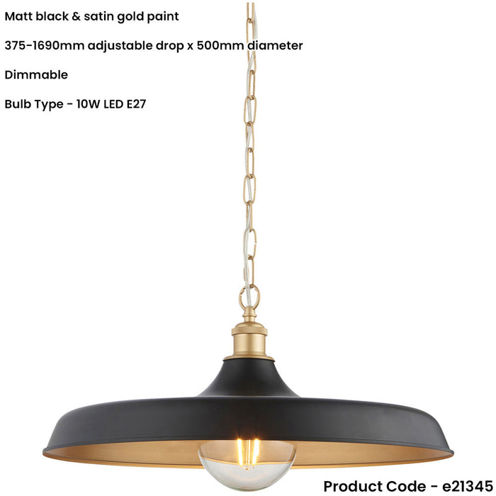 Hanging Ceiling Pendant Light - Matt Black & Satin Gold Paint - 10W LED E27