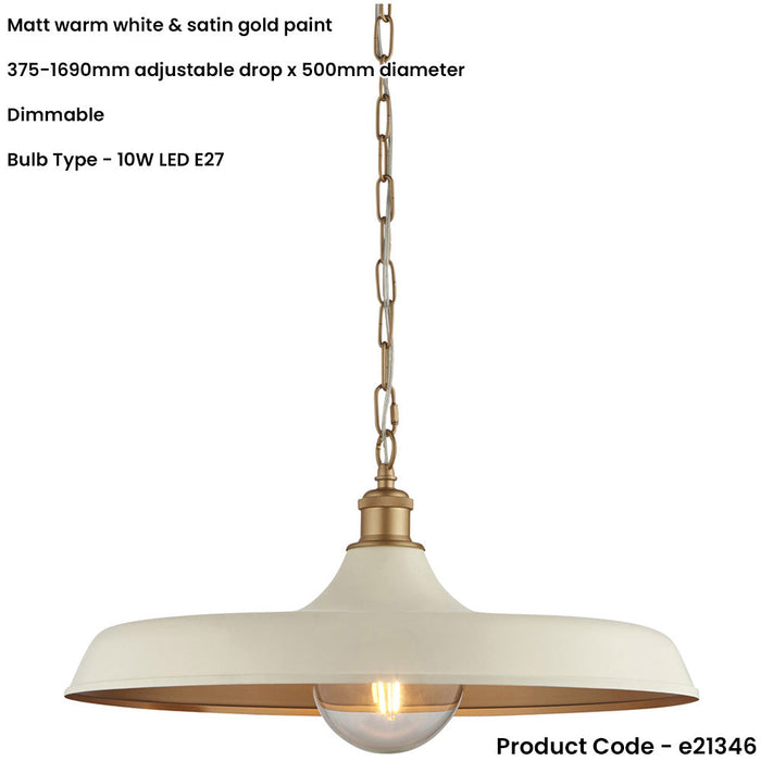 Hanging Ceiling Pendant Light - Matt Warm White & Satin Gold Paint - 10W LED E27