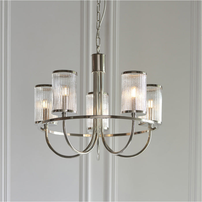 Multi Arm Hanging Ceiling Pendant Light - Bright Nickel Plate & Ribbed Bubble Glass Shade - 5 x 6W LED E14