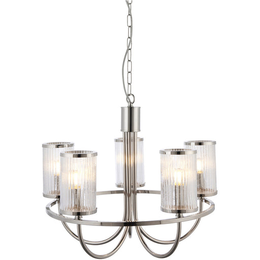 Multi Arm Hanging Ceiling Pendant Light - Bright Nickel Plate & Ribbed Bubble Glass Shade - 5 x 6W LED E14