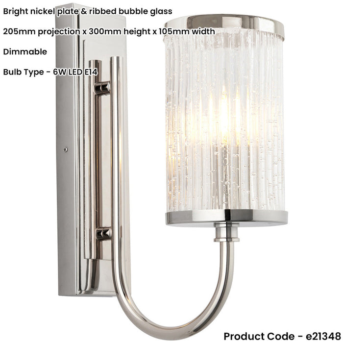 Bright Nickel Dimmable Wall Light - Ribbed Bubble Clear Glass Shade - 6W LED E14