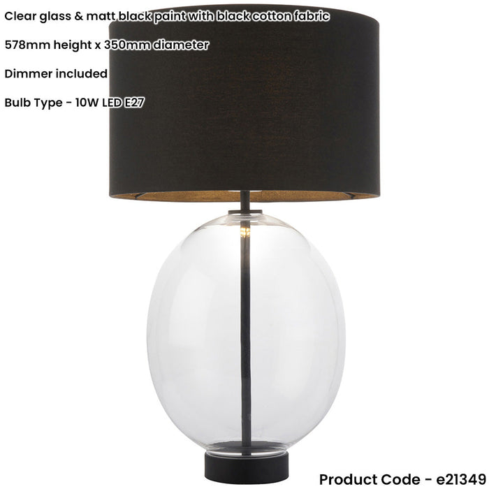 Clear Glass Table Lamp - Matt Black Paint With Black Cotton Fabric Shade - Dimmable 10W LED E27