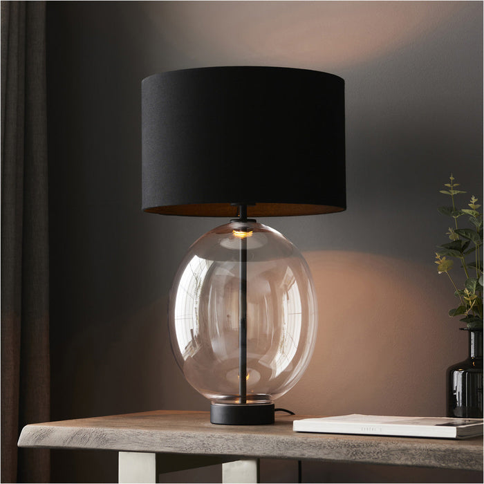 Clear Glass Table Lamp - Matt Black Paint With Black Cotton Fabric Shade - Dimmable 10W LED E27