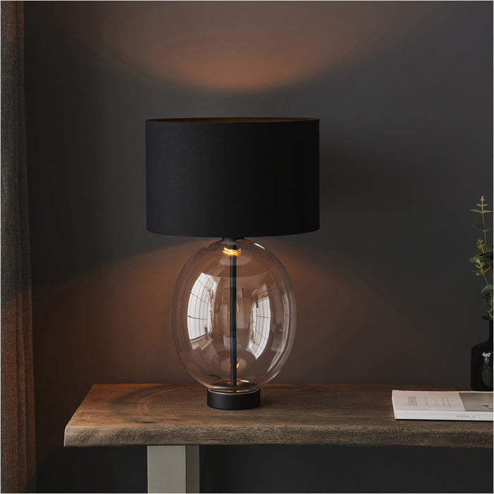 Clear Glass Table Lamp - Matt Black Paint With Black Cotton Fabric Shade - Dimmable 10W LED E27