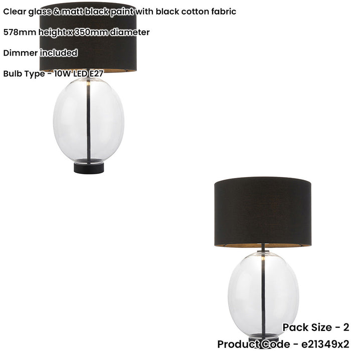 2 PACK Clear Glass Table Lamp - Matt Black Paint With Black Cotton Fabric Shade - Dimmable 10W LED E27