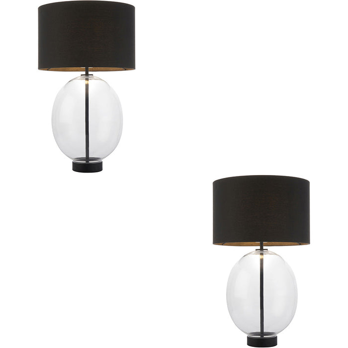 2 PACK Clear Glass Table Lamp - Matt Black Paint With Black Cotton Fabric Shade - Dimmable 10W LED E27