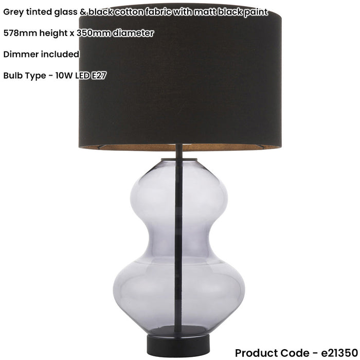 Grey Tinted Glass Table Lamp - Black Cotton Fabric With Matt Black Paint Shade - Dimmable 10W LED E27