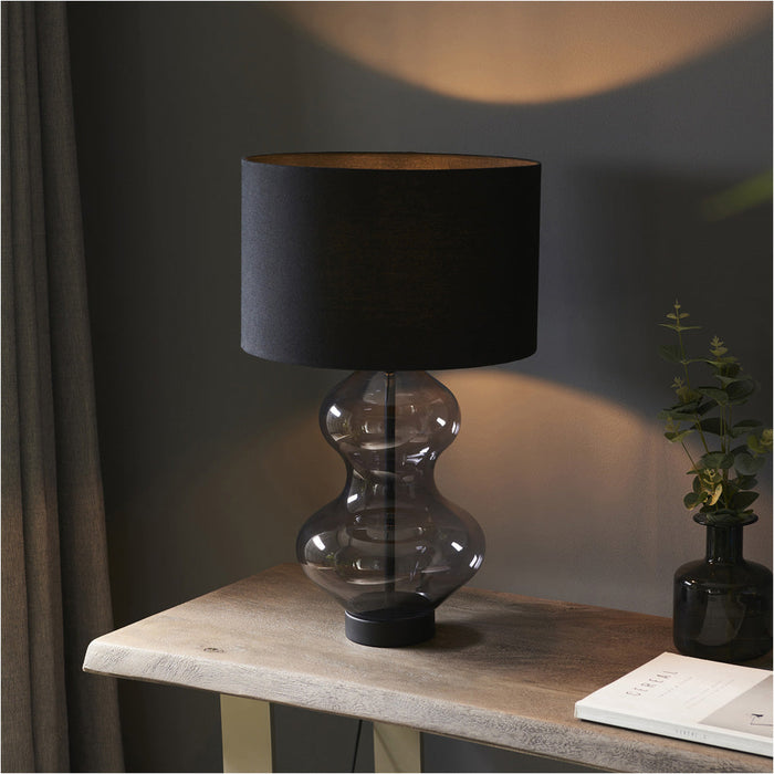 Grey Tinted Glass Table Lamp - Black Cotton Fabric With Matt Black Paint Shade - Dimmable 10W LED E27