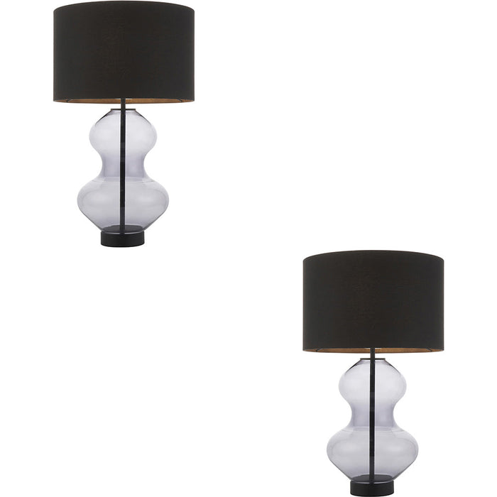 2 PACK Grey Tinted Glass Table Lamp - Black Cotton Fabric With Matt Black Paint Shade - Dimmable 10W LED E27