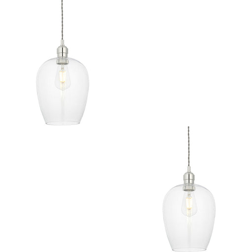 2 PACK Hanging Ceiling Pendant Light - Bright Nickel Plate & Clear Glass - 10W LED E27