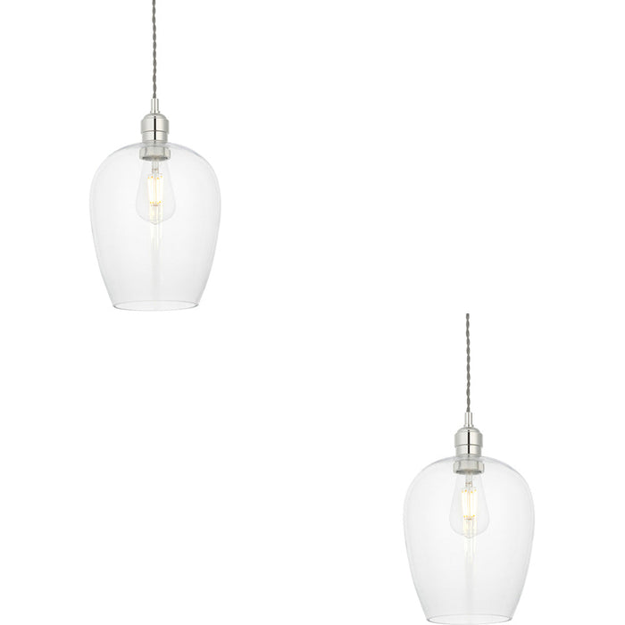 2 PACK Hanging Ceiling Pendant Light - Bright Nickel Plate & Clear Glass - 10W LED E27