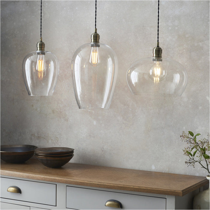 Hanging Ceiling Pendant Light - Large Antique Brass Plate & Clear Glass - 10W LED E27