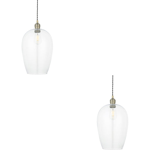 2 PACK Hanging Ceiling Pendant Light - Large Antique Brass Plate & Clear Glass - 10W LED E27