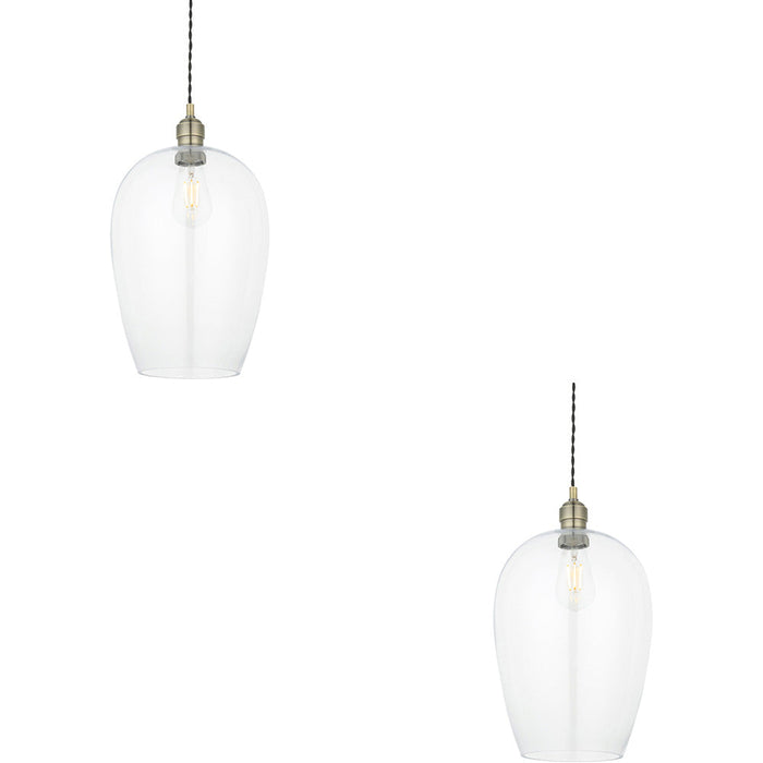 2 PACK Hanging Ceiling Pendant Light - Large Antique Brass Plate & Clear Glass - 10W LED E27