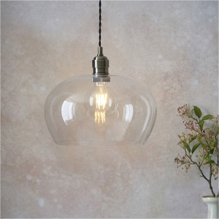 Hanging Ceiling Pendant Light - Medum Antique Brass Plate & Clear Glass - 10W LED E27