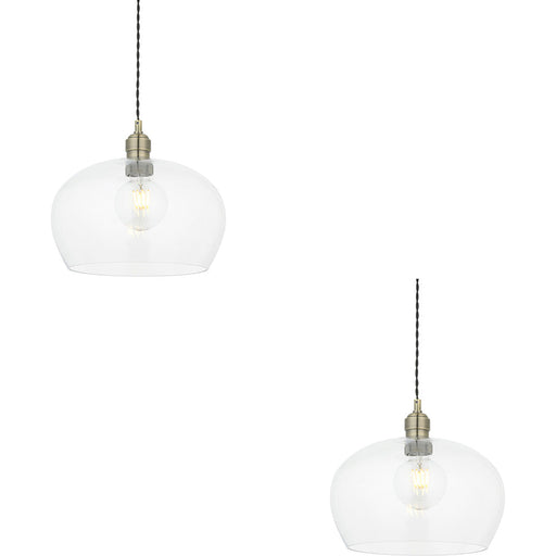 2 PACK Hanging Ceiling Pendant Light - Medum Antique Brass Plate & Clear Glass - 10W LED E27