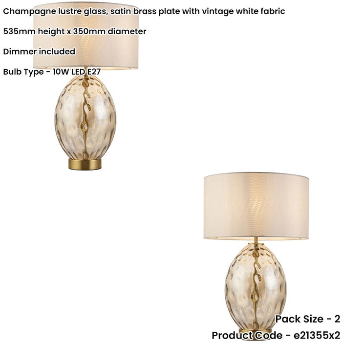 2 PACK Champagne Lustre Glass Table Lamp - Vintage White Fabric Shade - Dimmable 10W LED E27