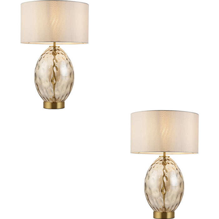 2 PACK Champagne Lustre Glass Table Lamp - Vintage White Fabric Shade - Dimmable 10W LED E27