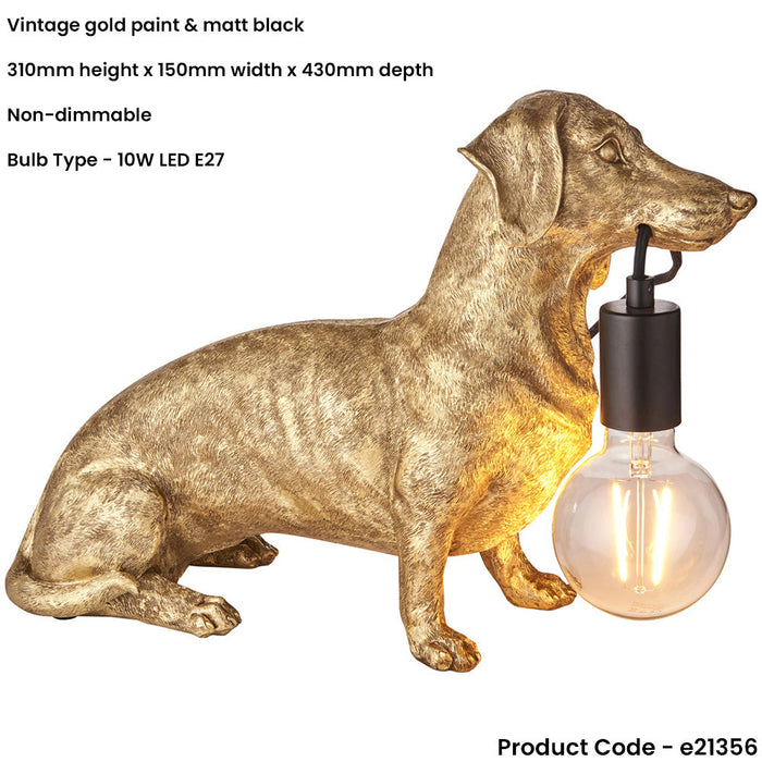 Vintage Gold Paint Dashund Dog Table Lamp - 10W LED E27