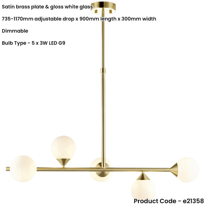 Multi Arm Hanging Ceiling Pendant Light - Satin Brass Plate & Gloss White Glass Shade - 5 x 3W LED G9