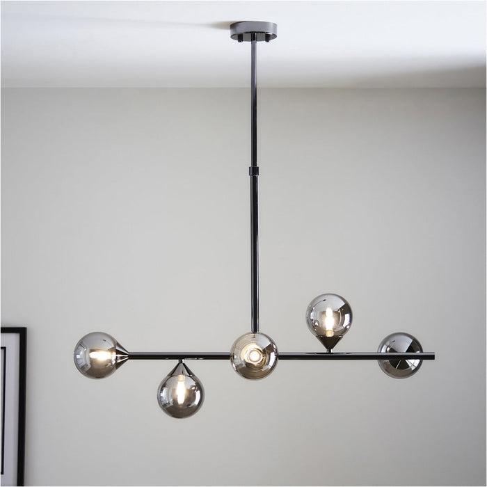 Multi Arm Hanging Ceiling Pendant Light - Black Chrome Plate & Smoked Mirror Glass Shade - 5 x 3W LED G9