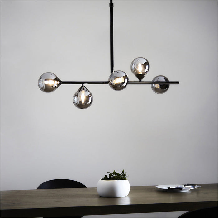 Multi Arm Hanging Ceiling Pendant Light - Black Chrome Plate & Smoked Mirror Glass Shade - 5 x 3W LED G9